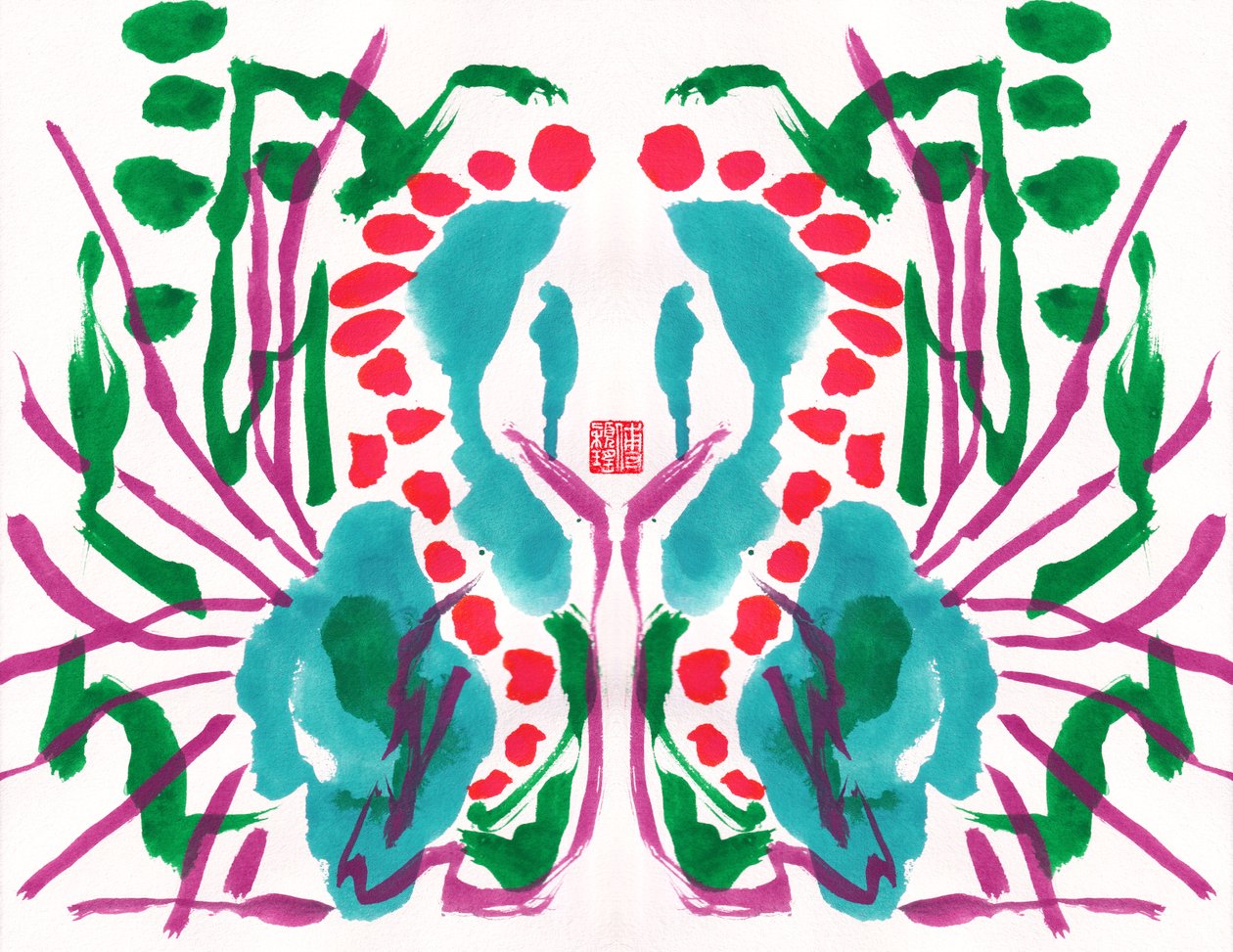 Peacock Green Red Kukkakuvio, 2023 (guassi paperille, digitaalinen) tekijältä Odilia W. Y. Fu