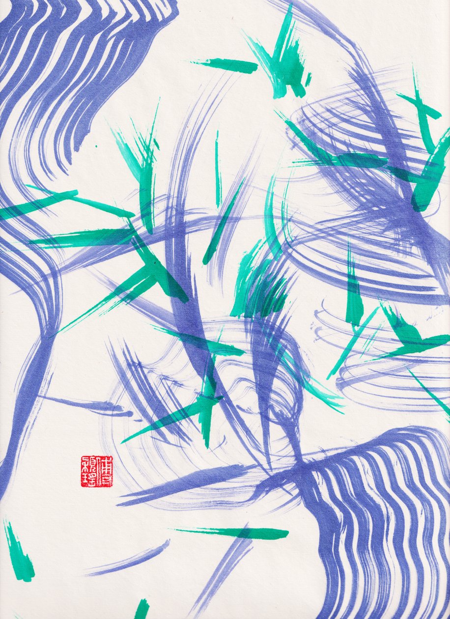 Zen Green Bamboo Abstraction 2, 2020 (akryyli Xuan-paperille) tekijältä Odilia W. Y. Fu