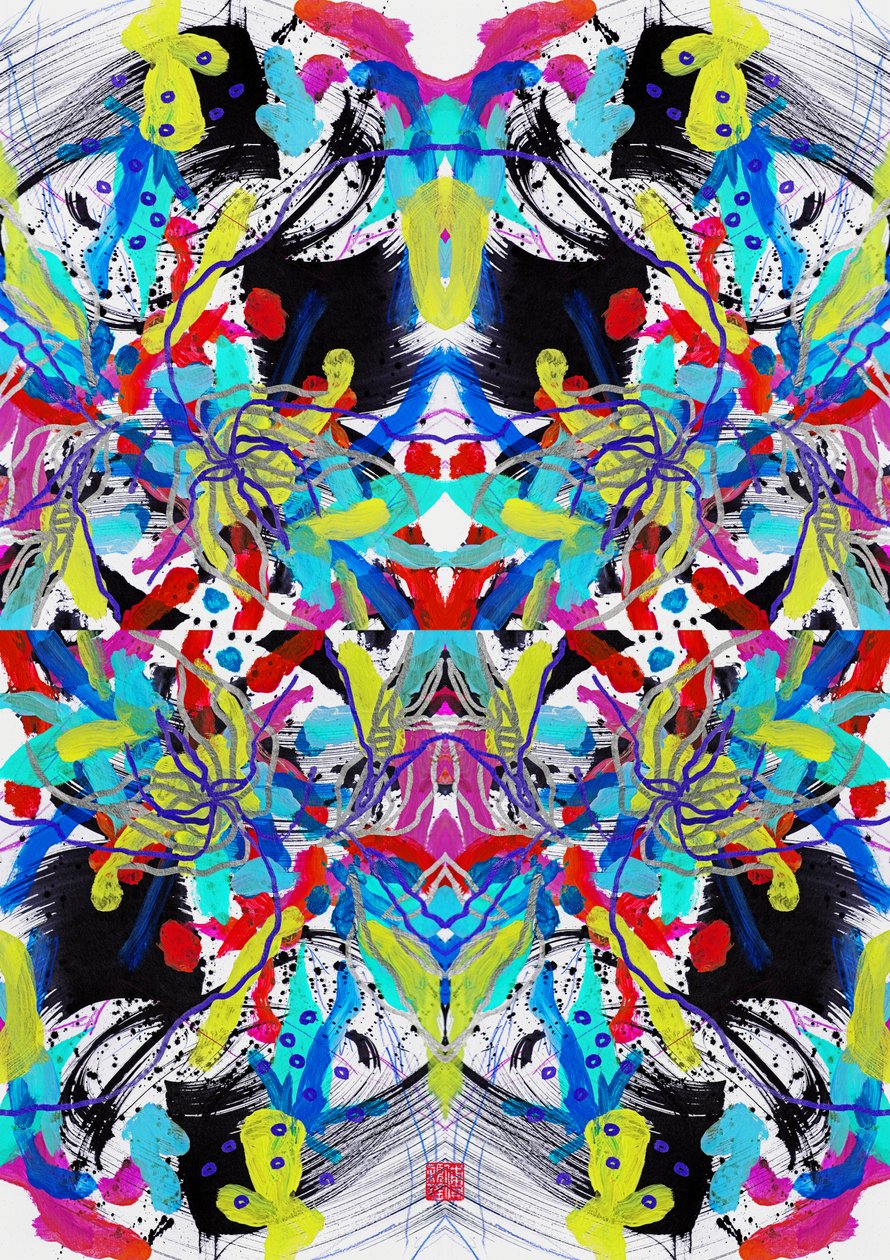 Zen Ink Blue Red Yellow Floral Pattern, 2023 (akryyli paperille, digitaalinen) tekijältä Odilia W. Y. Fu
