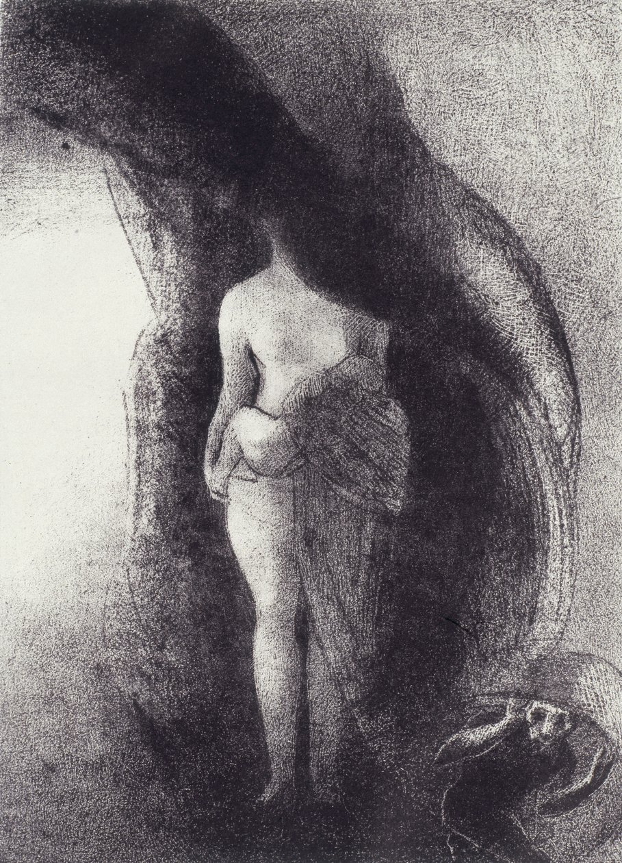 Olen edelleen suuri Isis! Kukaan ei ole vielä koskaan nostanut verhoani! Minun jälkeläiseni on aurinko! La Tentation de Saint-Antoine, levy XVI, n.d. tekijältä Odilon Redon