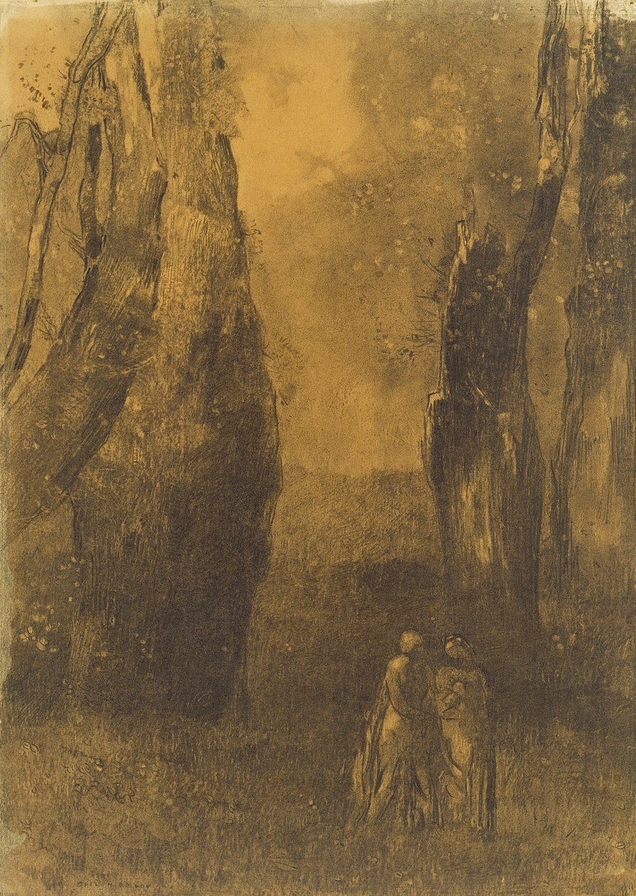 Rakastajat kivisessä maisemassa (hiili) tekijältä Odilon Redon
