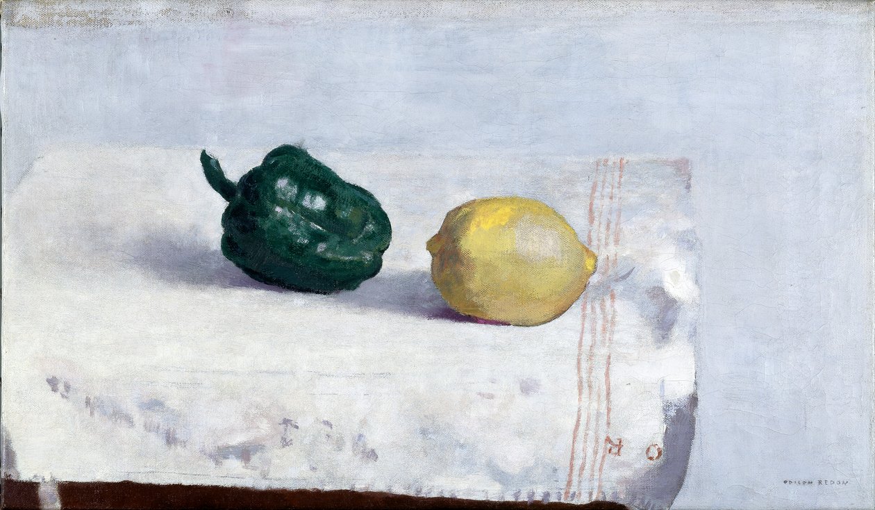 Pippuria ja sitruunaa valkoisella pöytäliinalla, 1901 tekijältä Odilon Redon