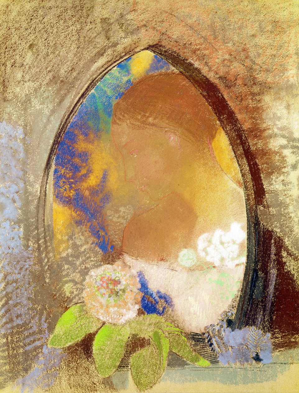 Muotokuva kukilla (pastelli paperille) tekijältä Odilon Redon
