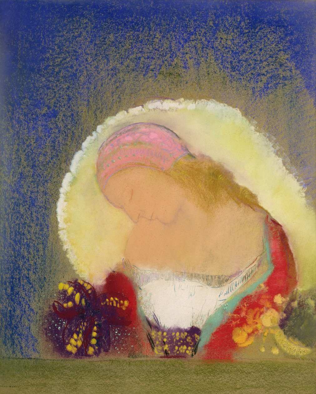 Kukkivan tytön profiili, n. 1900 (pastelli paperille) tekijältä Odilon Redon