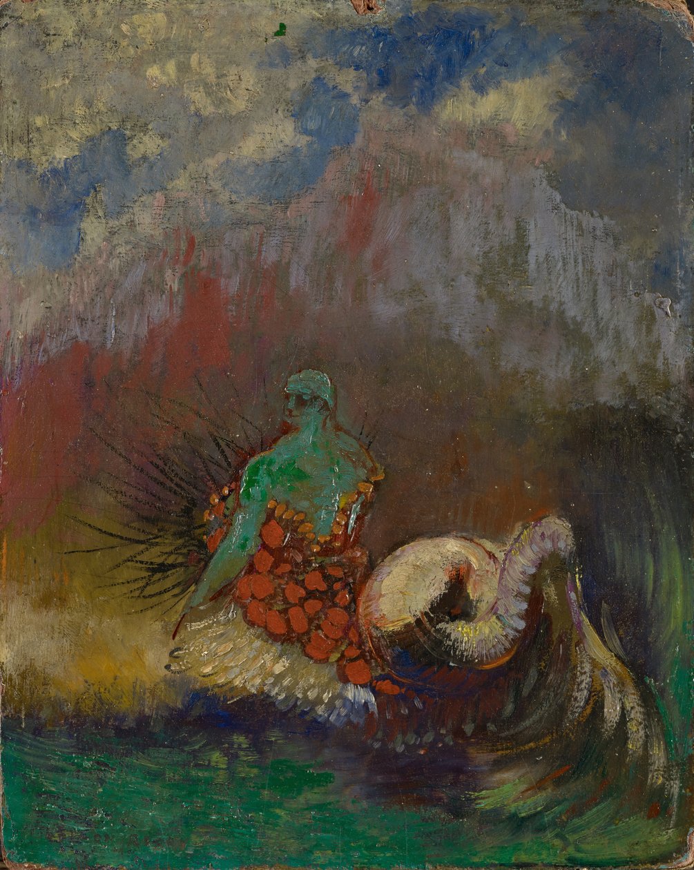 Sireeni, n. 1900 (öljyä ja kultajauhetta kuitulevylle) tekijältä Odilon Redon