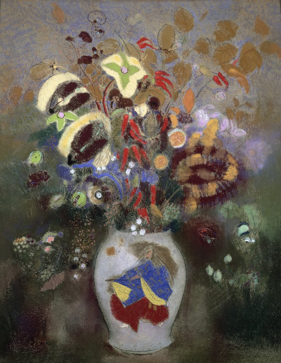 Kukkamaljakon asetelma (pastelli paperille) tekijältä Odilon Redon