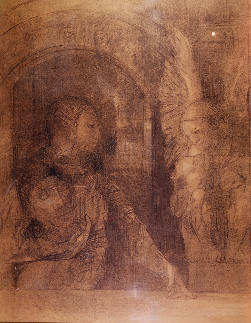Mystinen ritari eli Sfinksi, n. 1890 (hiili) tekijältä Odilon Redon