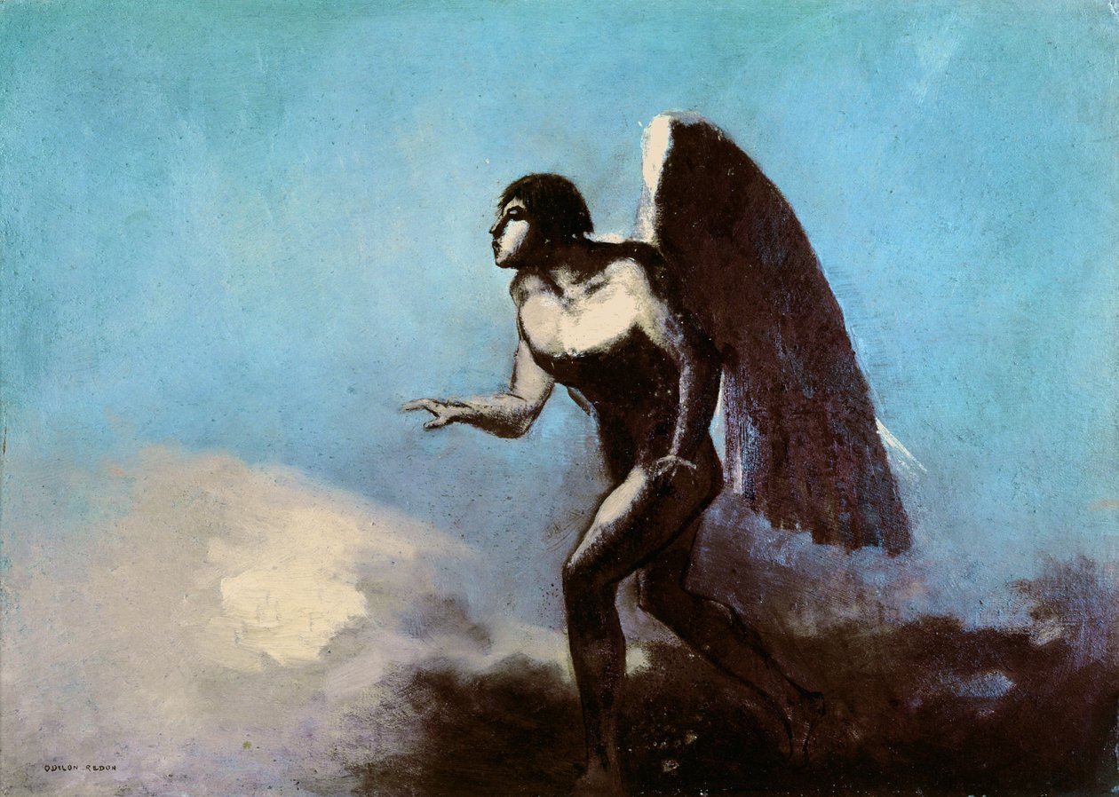 Siivekäs mies tai langennut enkeli, ennen vuotta 1880 (öljy kartongille). tekijältä Odilon Redon
