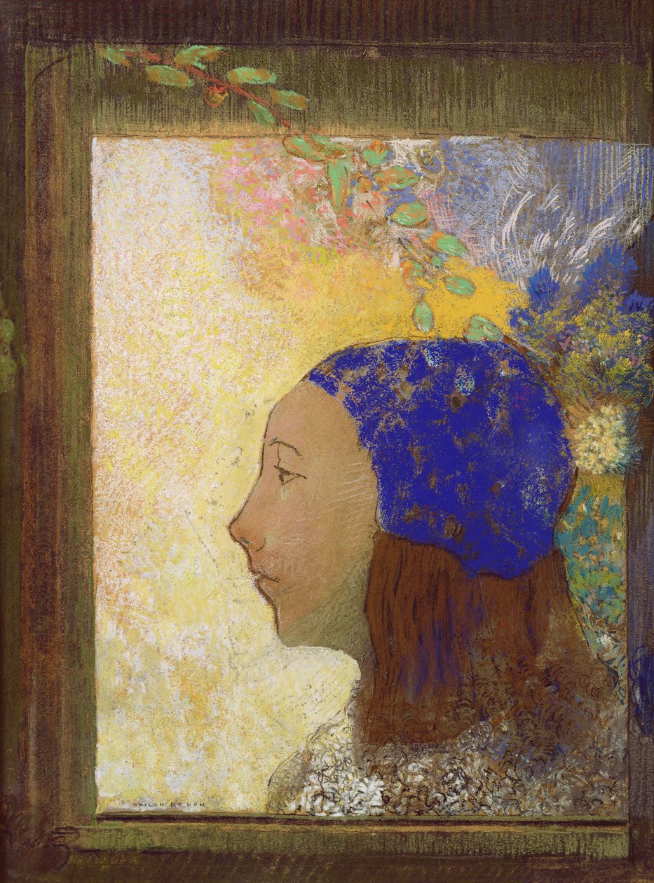 Nuori tyttö sinisessä konepellissä, vuoden 1890 jälkeen (pastelli paperille) tekijältä Odilon Redon