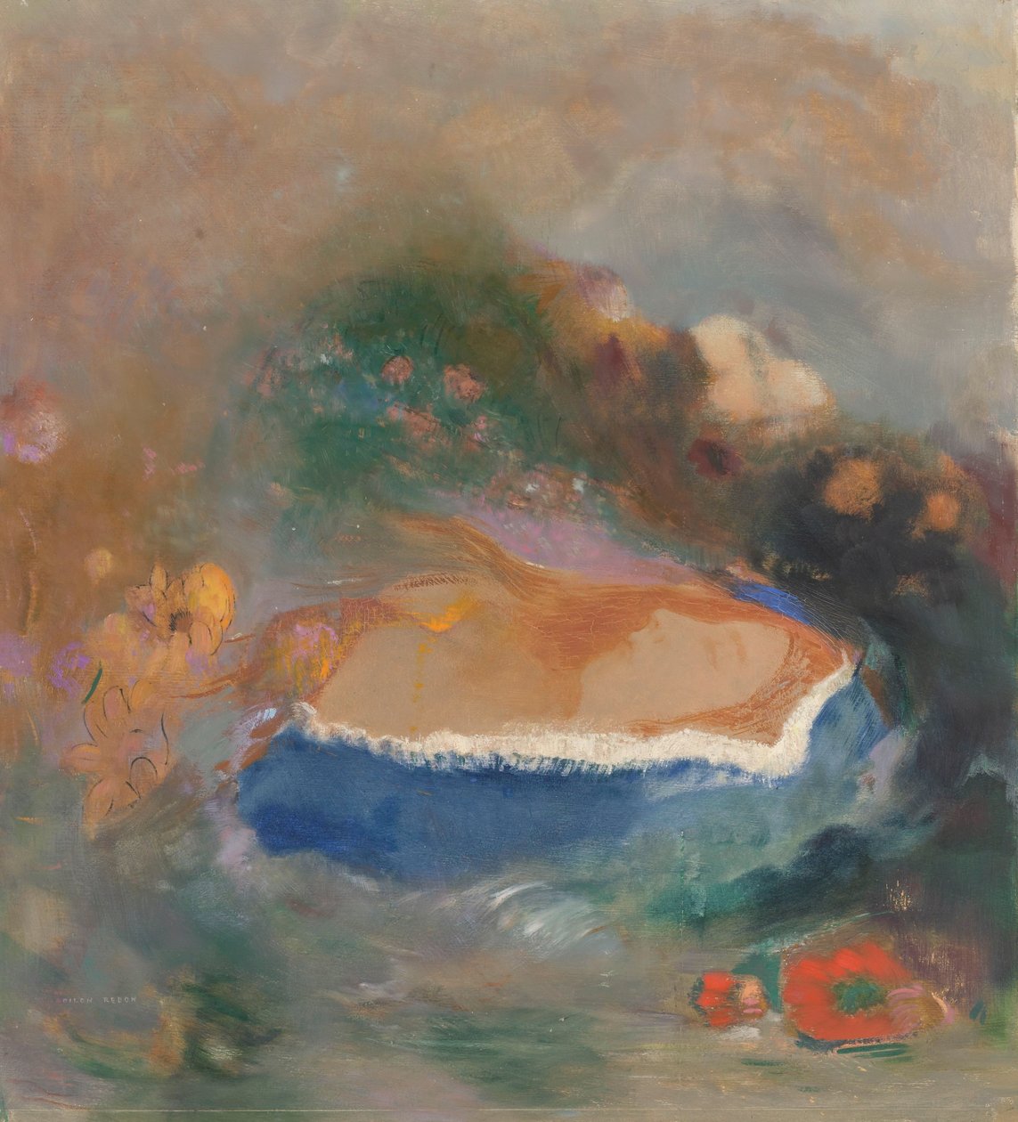 Ophelia ja sininen wimple vedessä Ophelia, sininen viitta vesillä tekijältä Odilon Redon (signed by artist)
