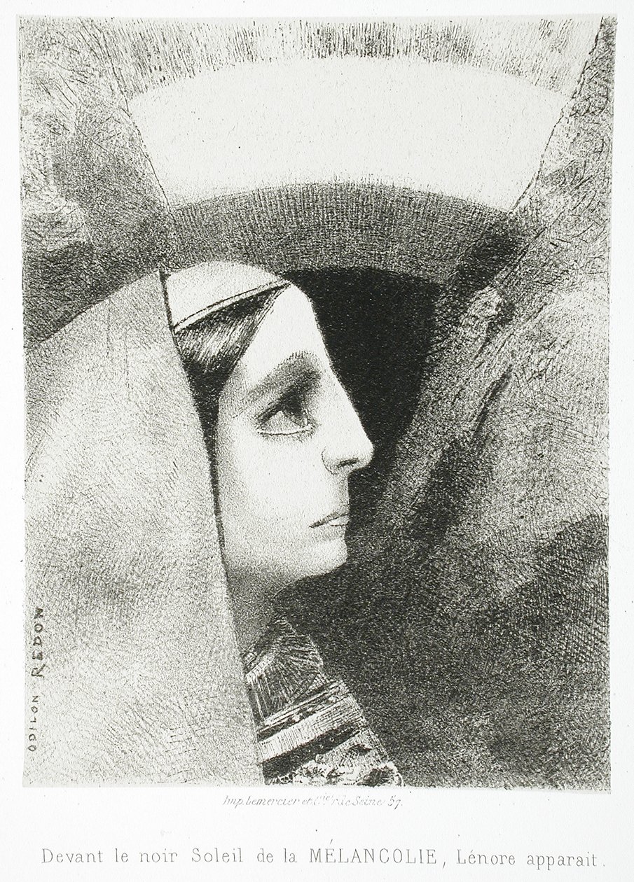 Edgar Poe:lle (Melankolian mustan auringon edessä ilmestyy Lénore) tekijältä Odilon Redon