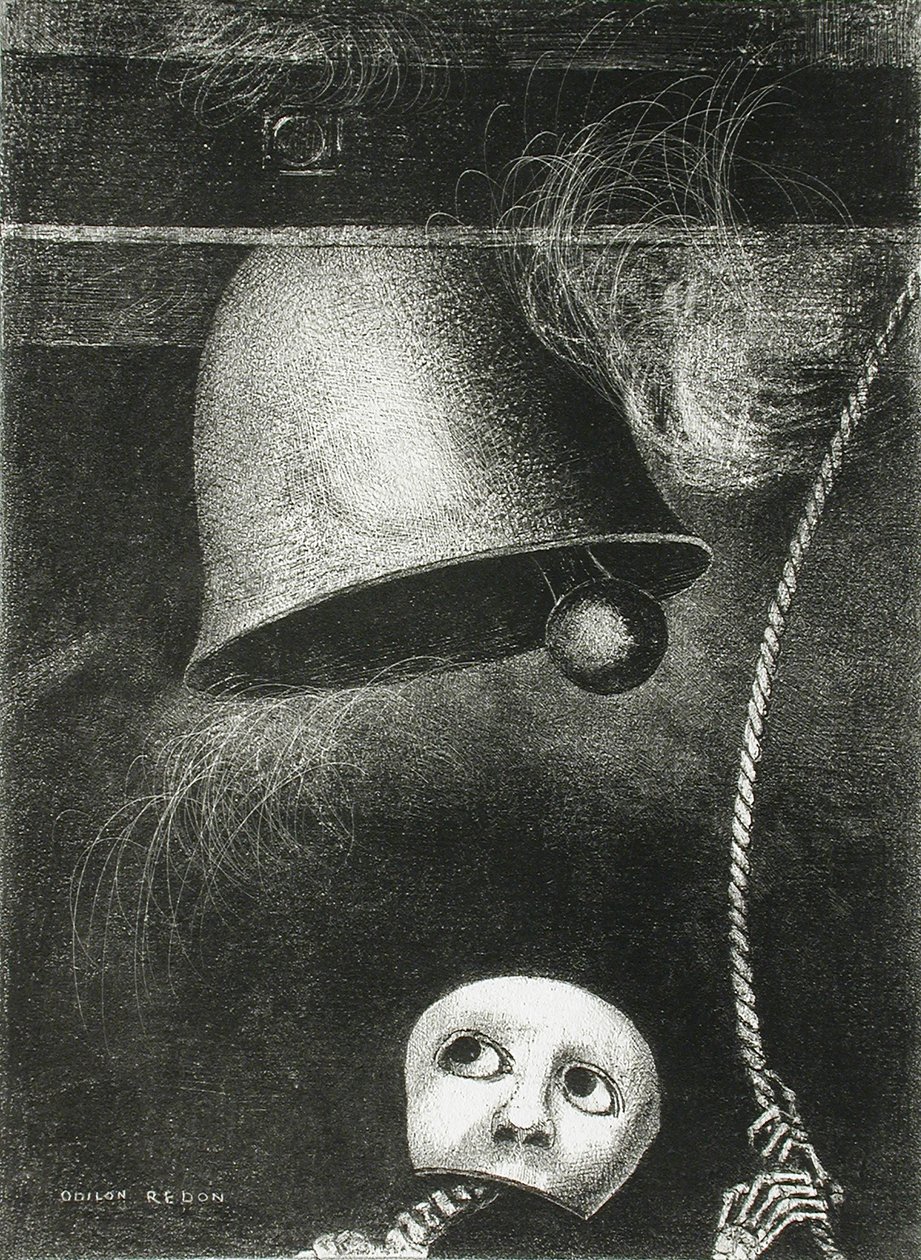 Naamio kuulostaa kuolemantuolta. Sarja: Edgar Poelle, 1882 tekijältä Odilon Redon