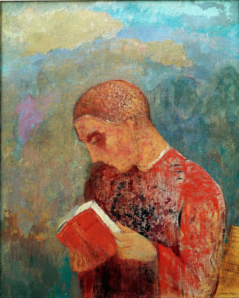 Alsace tai munkki lukemassa, n.1914 (öljy kankaalle). tekijältä Odilon Redon