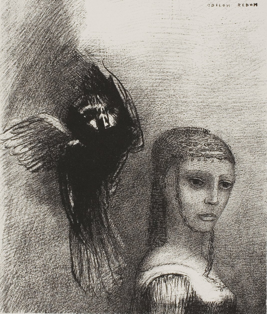Ja iso lintu, laskeutuu taivaalta, kaatuu hiuksensa ylintä kärkeä vasten, levy 3/10 tekijältä Odilon Redon