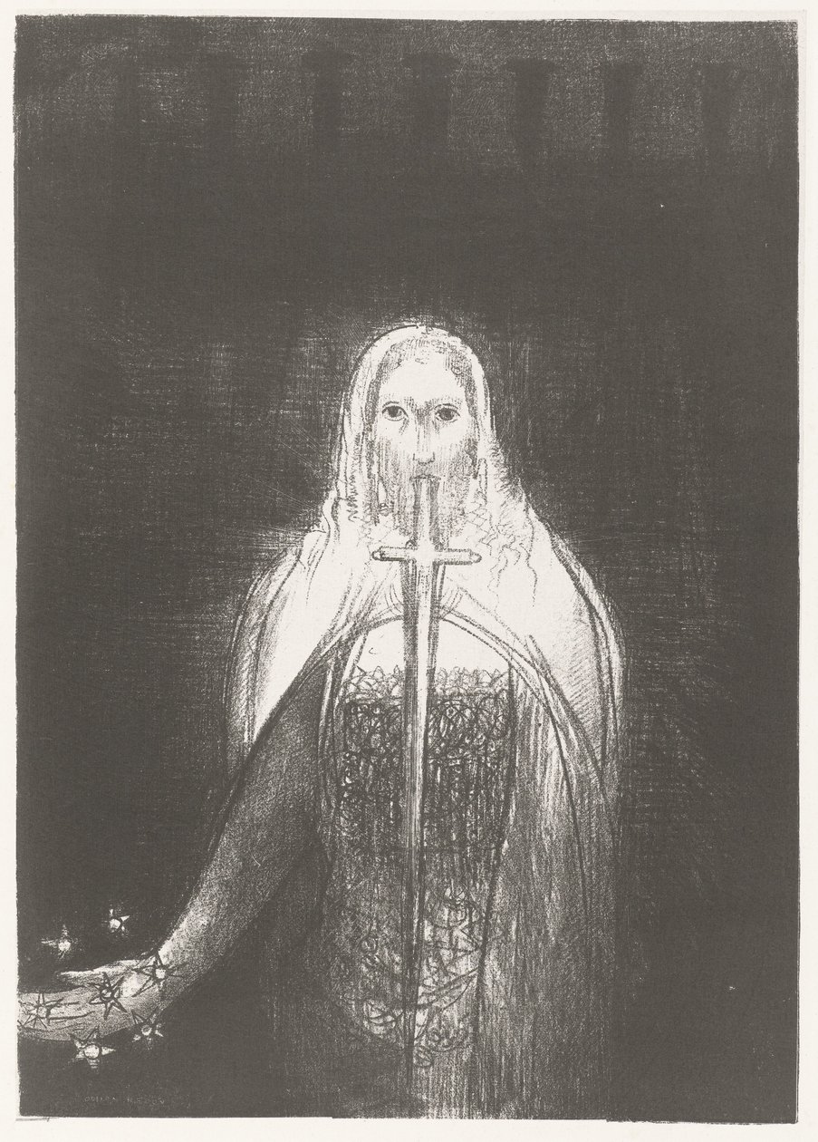 Christus laittaa sterenin käteensä Ja hänellä oli oikeassa kädessään seitsemän tähteä, ja hänen suustaan ​​lähti terävä kaksiteräinen miekka Apocalypse of Saint John (sarjan nimi) Openbaring van Johannes (sarjan nimi) tekijältä Odilon Redon