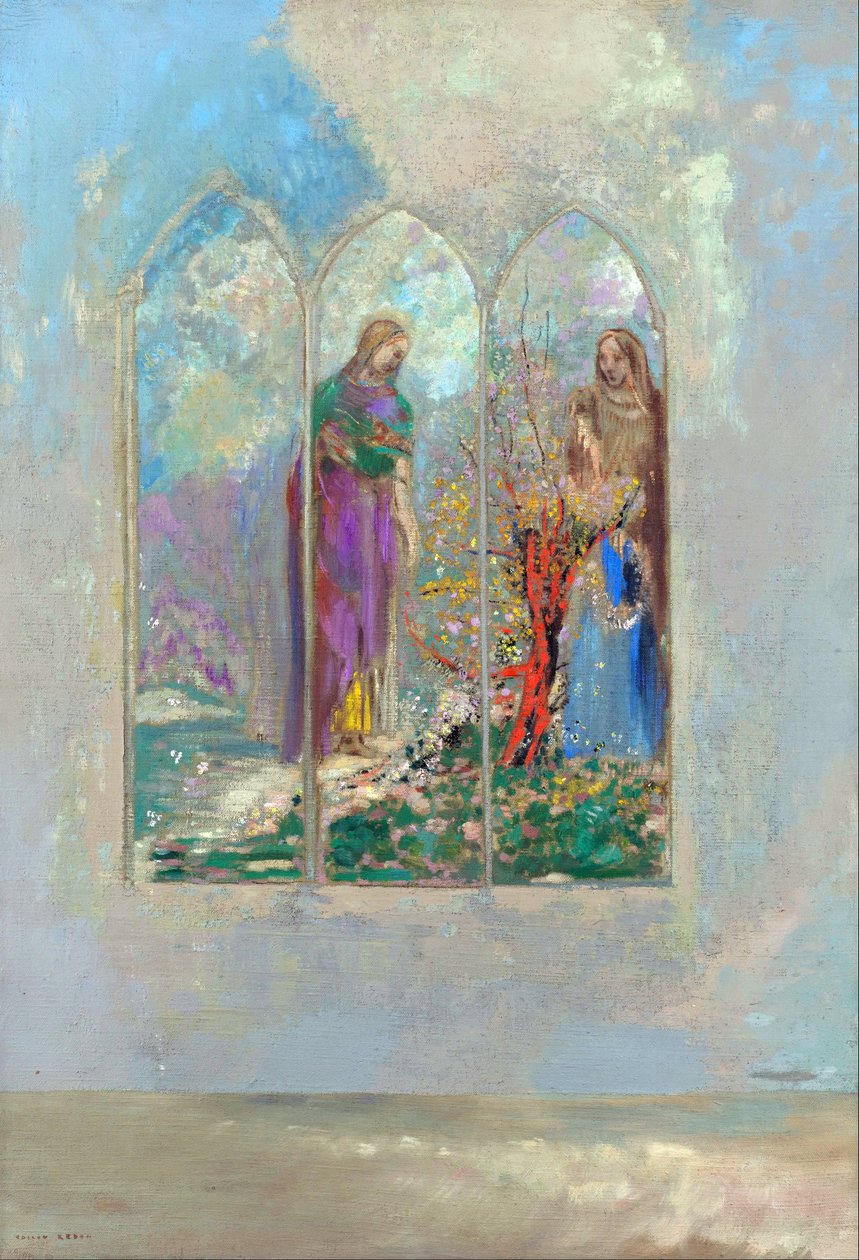 Hartaus punaisen pensaan edessä - Hartaus punaisen pensaan lähellä - Odilon Redonin maalaus (1840-1916) tekijältä Odilon Redon