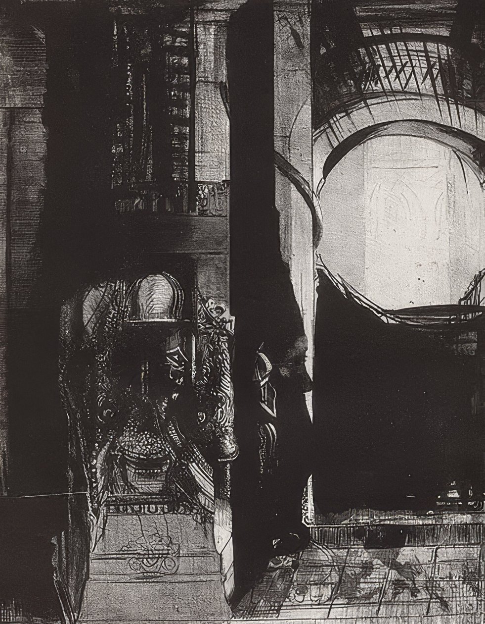 Ja kaikkialla on basalttipylväitä,? Valoa putoaa holveista, Blatt 3 der Folge La Tentation de Saint-Antoine. 1896 tekijältä Odilon Redon