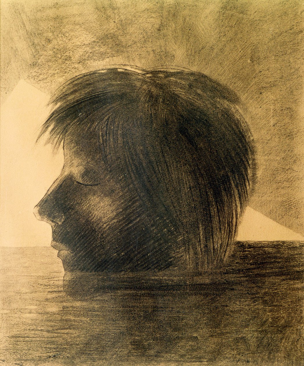 Orpheus on the Water tai The Mystic -elokuvan pää, 1880 (hiili ja kynä paperilla) tekijältä Odilon Redon