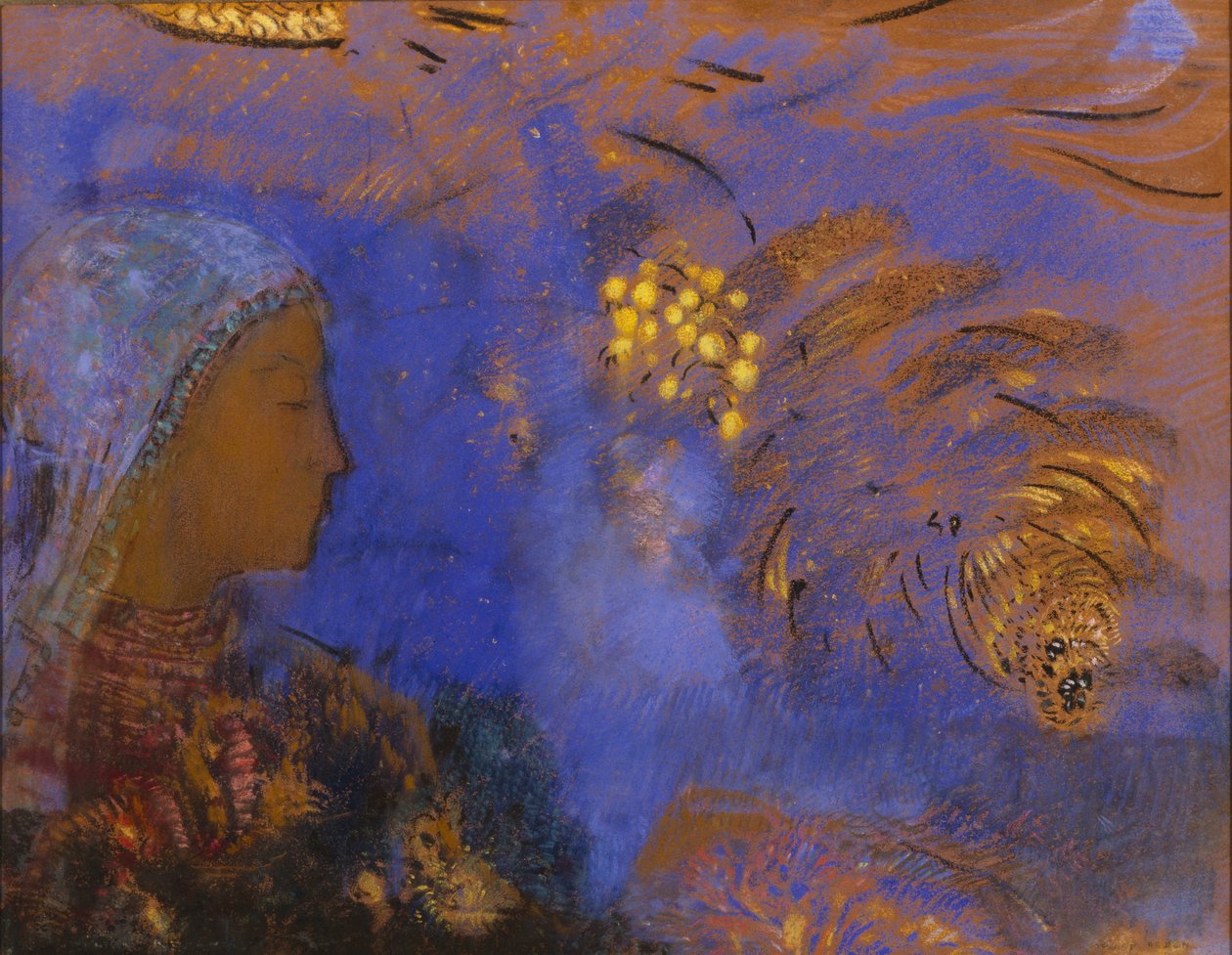 Naisen pää (pastelli ruskealle paperille) tekijältä Odilon Redon