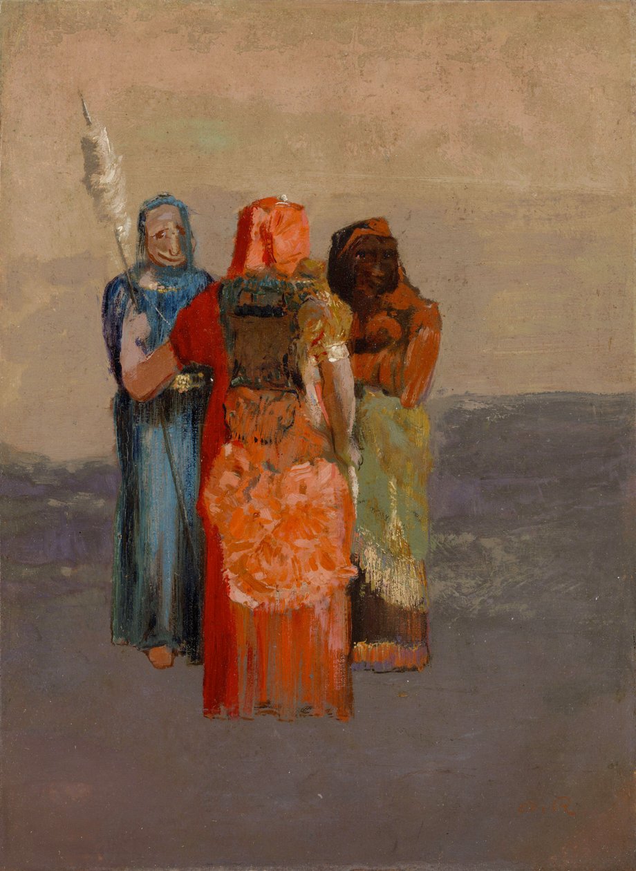 Les Moires (Kolme kohtaloa) (kolme kohtalon jumalaa antiikin mytologiasta tai roomalaisten kohtaloista) - Odilon Redonin (1840-1916) maalaus, öljy kankaalle (32,4 x 23,8 cm) tekijältä Odilon Redon