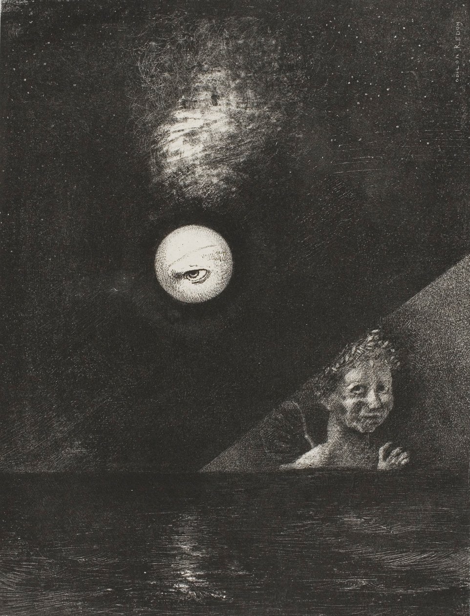 Horisontissa varmuuden enkeli, ja synkässä taivaassa kysyvä silmä, levy neljä teoksesta To Edgar Poe. tekijältä Odilon Redon