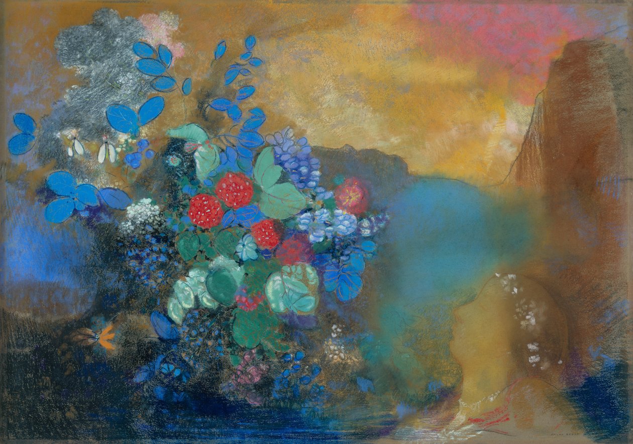 Ofelia kukkien keskellä, noin 1905-8 (pastelli paperille). tekijältä Odilon Redon