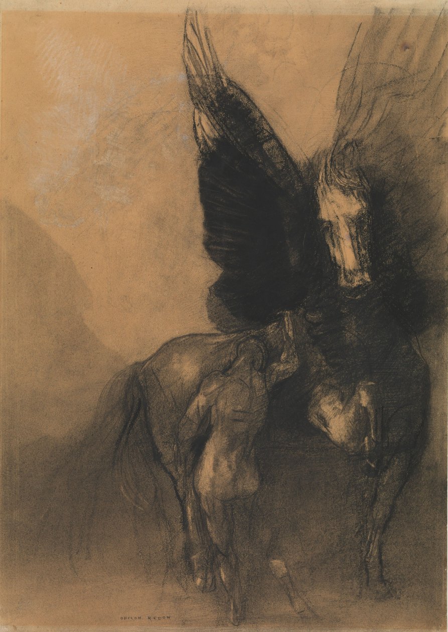 Pegasus ja Bellerophon, n.1888 (Hiili, vesipesu, valkoinen liitu ja conté-piirto vaalealle paperille) tekijältä Odilon Redon