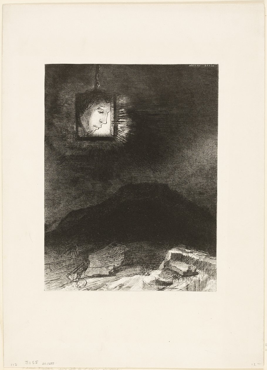 Precarious Glimmering, Infinitystä ripustettu pää, levy 3/6 tekijältä Odilon Redon