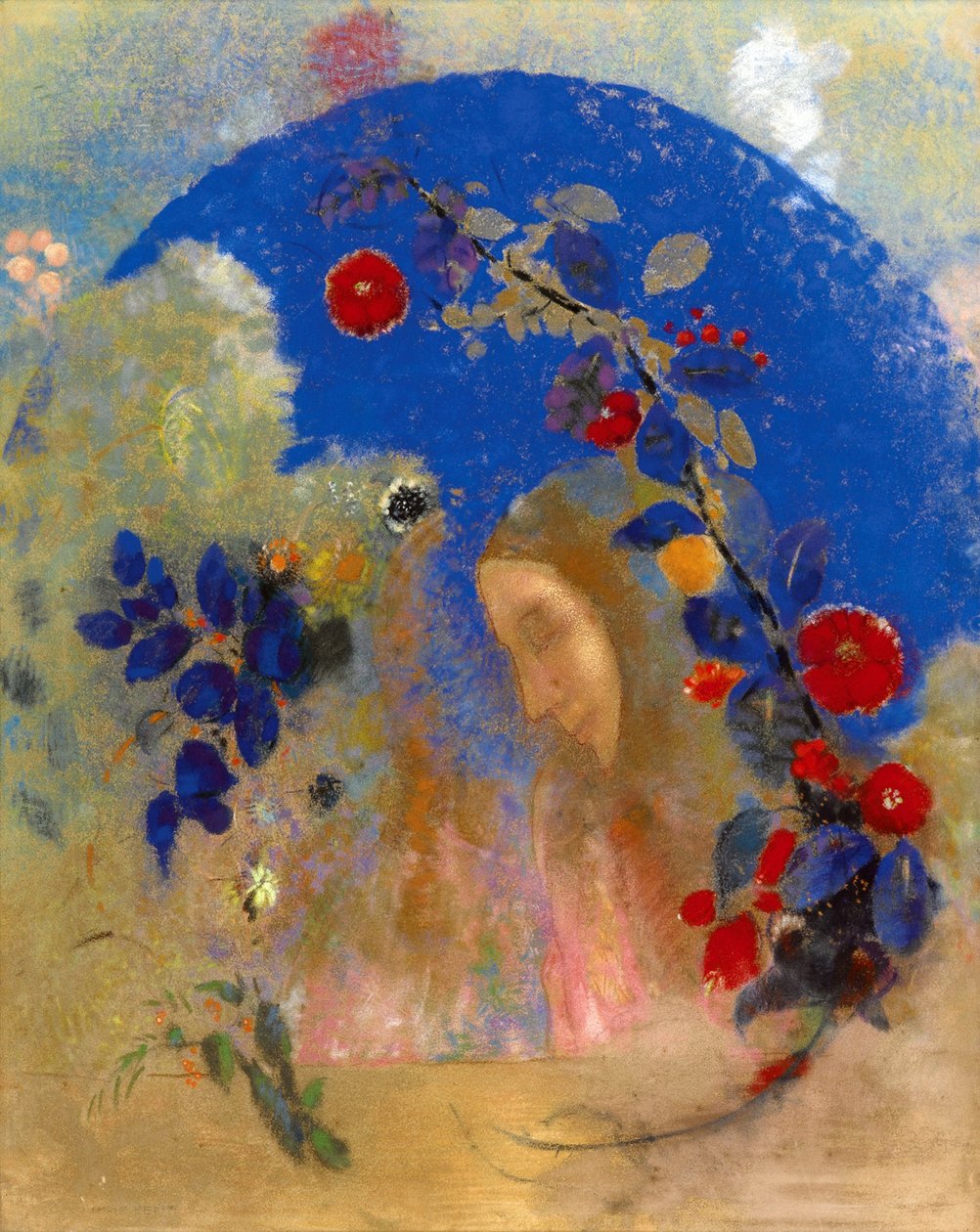 Profiili kaaren alla - Odilon Redon (1840-1916). Pastelli paperille, c. 1905. Mitat: 67,6 x 53,8 cm. Yksityinen kokoelma tekijältä Odilon Redon