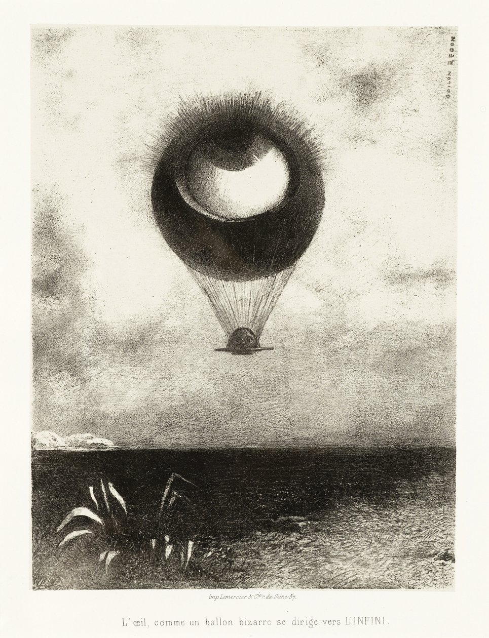 Kuvitussarja Edgar Poelle: "Silmä, kuin outo ilmapallo, nousee äärettömyyteen" Litografia Odilon Redon (1840-1916) tekijältä Odilon Redon