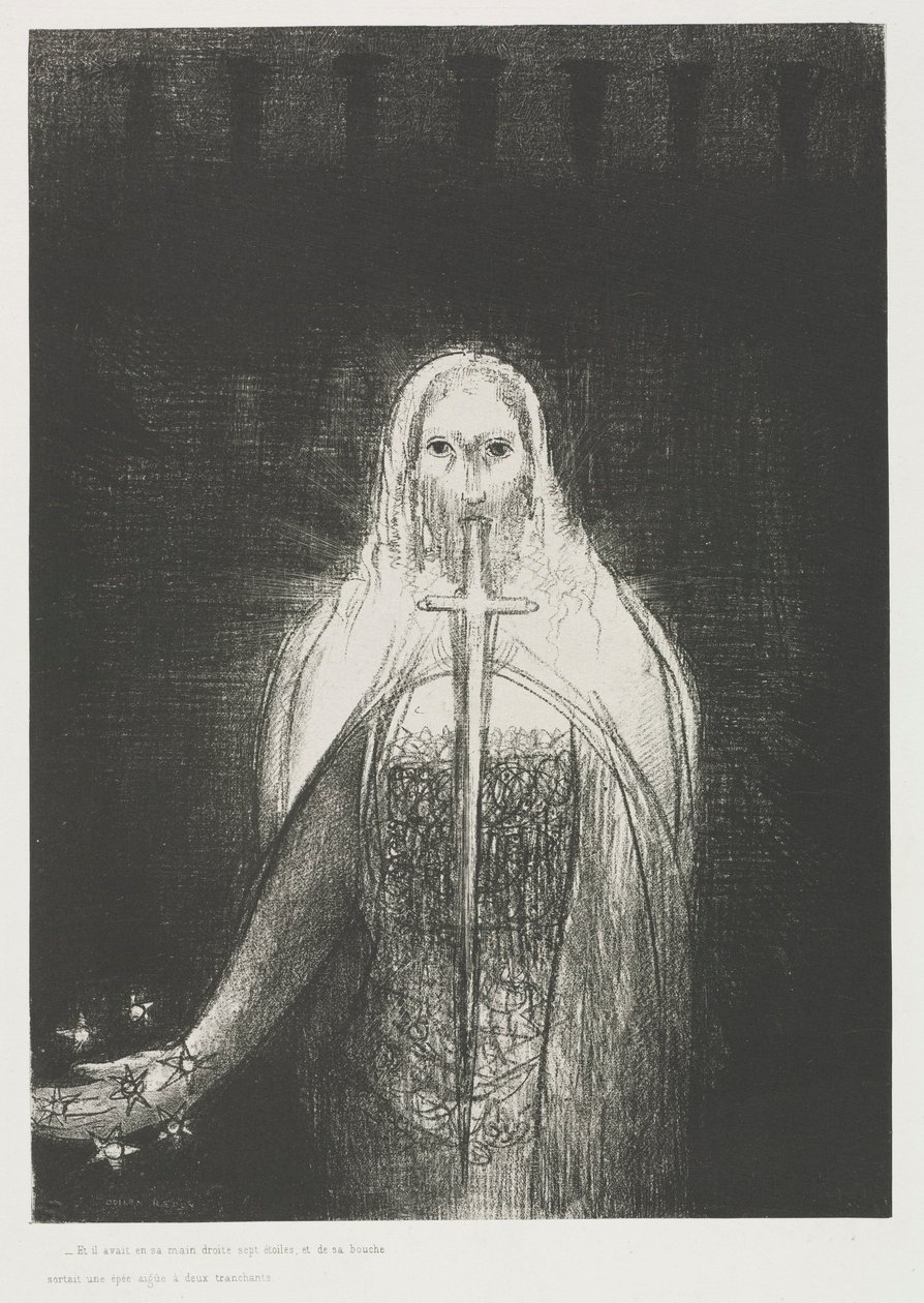 Pyhän Johanneksen Apokalypsi: Ja hänellä oli oikeassa kädessään seitsemän tähteä..., 1899. tekijältä Odilon Redon