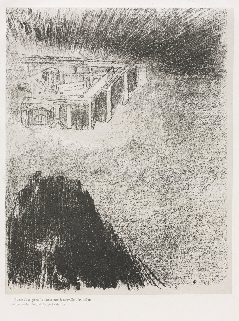 Pyhän Johanneksen Apokalypsi: Ja minä, Johannes, näin pyhän kaupungin, Uusi Jerusalem, 1899. tekijältä Odilon Redon