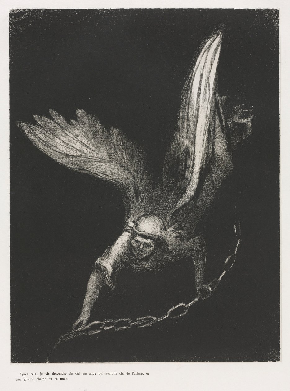 Pyhän Johanneksen Apokalypsi: Ja minä näin hänen oikeassa kädessään, joka istui..., 1899. tekijältä Odilon Redon