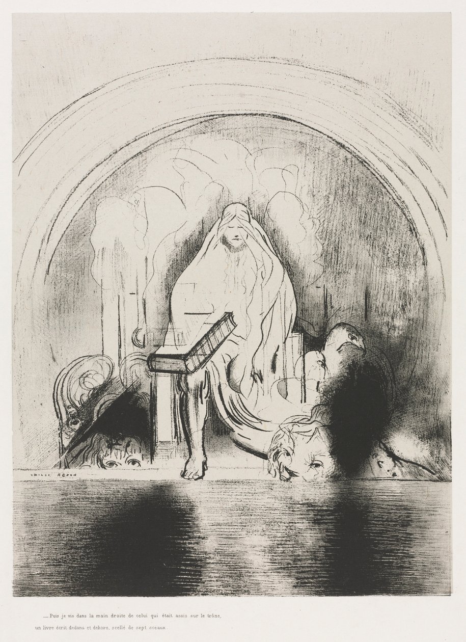 Pyhän Johanneksen Apokalypsi: Ja minä näin valtaistuimella istuvan oikeassa kädessä..., 1899. tekijältä Odilon Redon