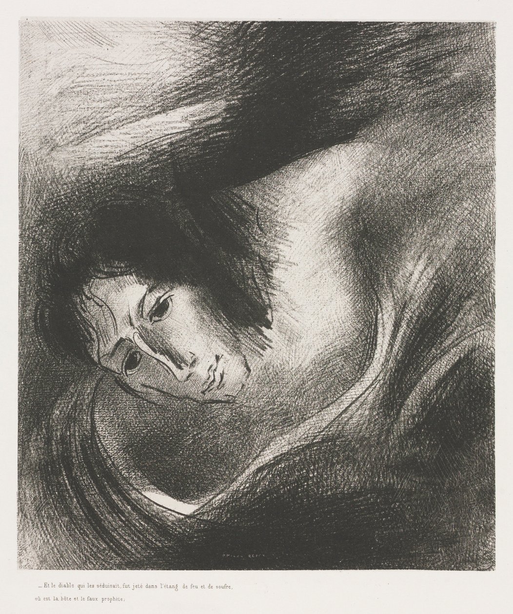Pyhän Johanneksen Apokalypsi: Ja paholainen, joka petti heidät, heitettiin järveen, 1899. tekijältä Odilon Redon