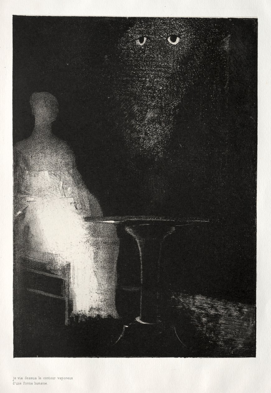 Kummitustalo: jatkoin katsomista tuoliin ja ajattelin näkeväni siinä vaaleansinisen..., 1896. tekijältä Odilon Redon