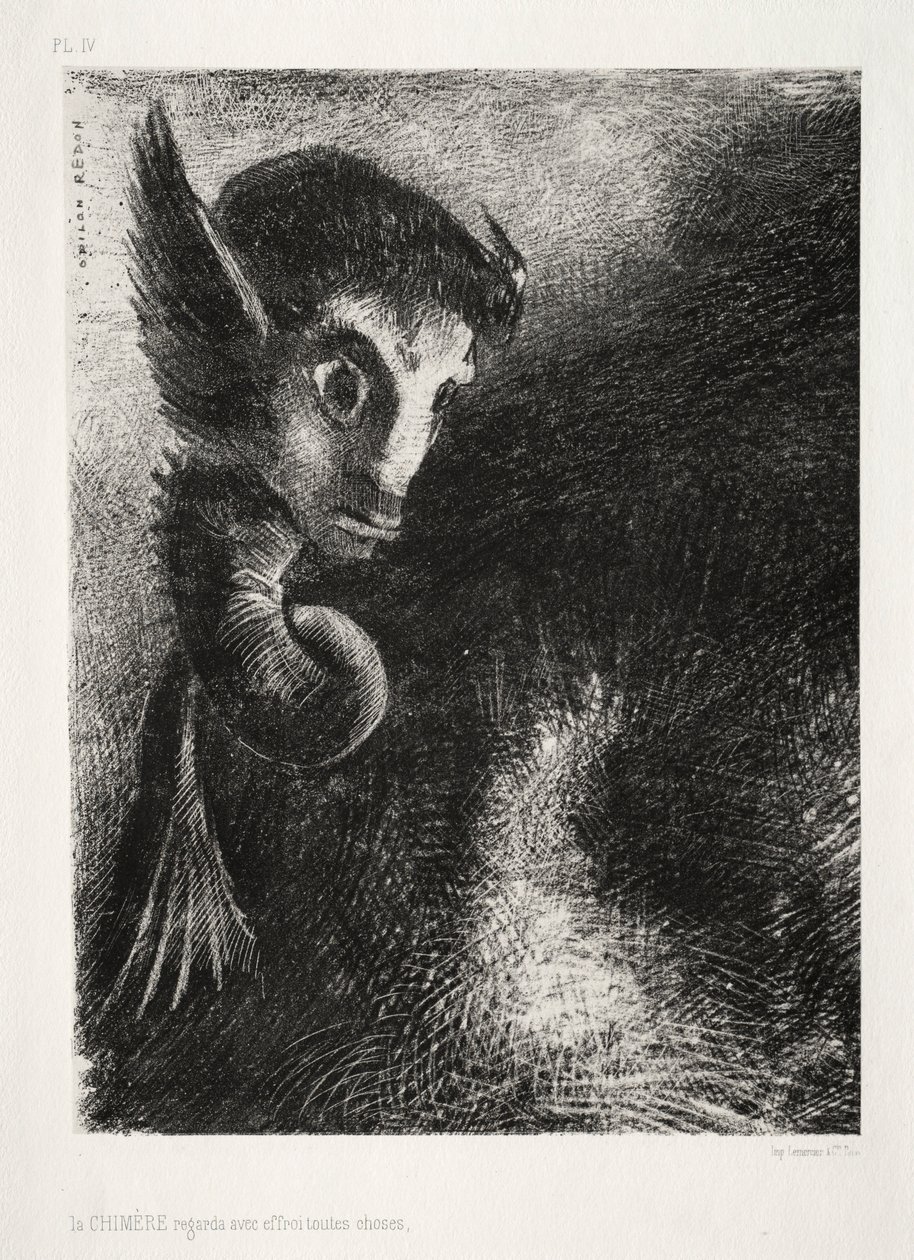 Yö: Chimera katseli kaikkea pelolla, 1886. tekijältä Odilon Redon
