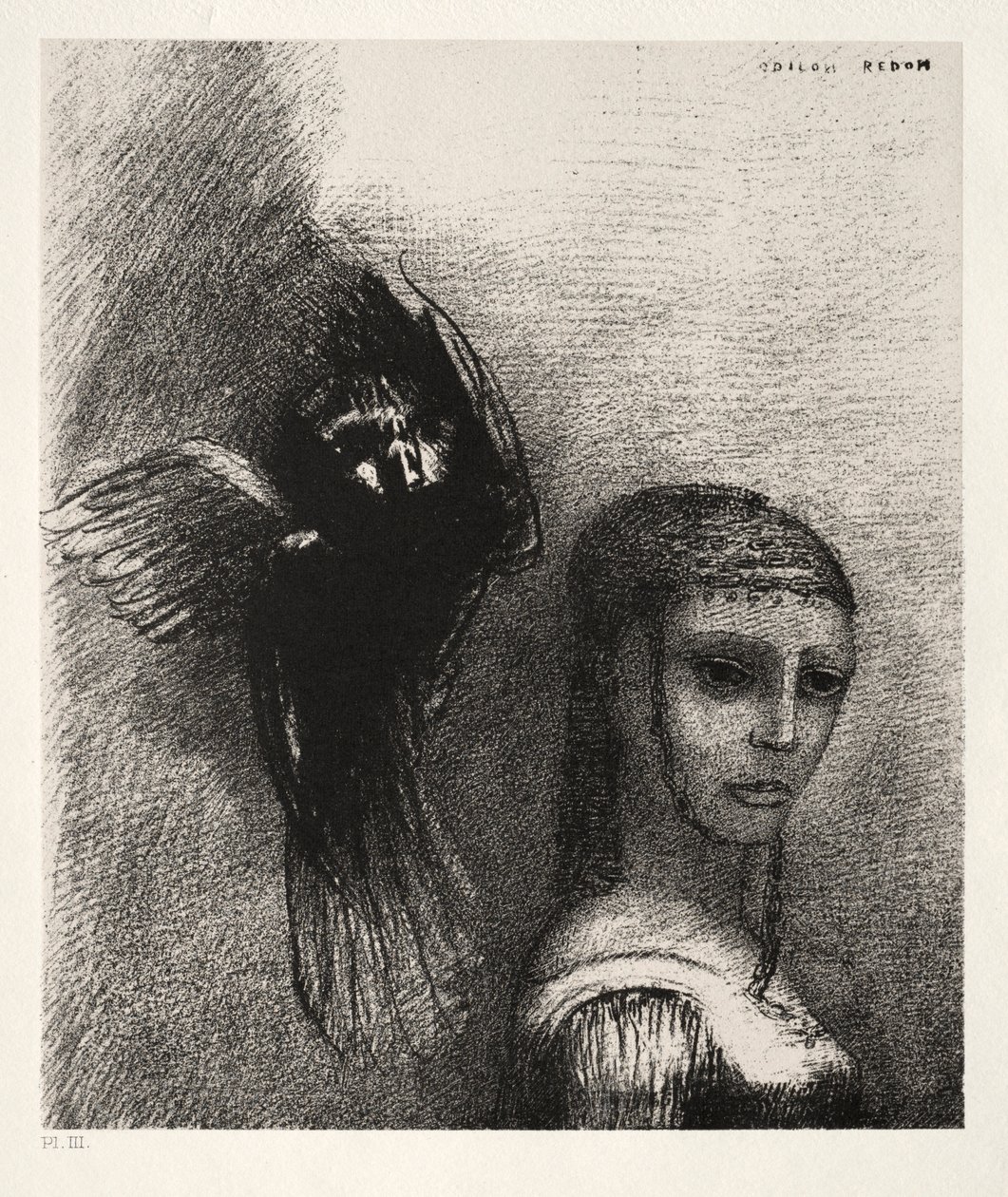 Pyhän Antoniuksen kiusaus Ensimmäinen sarja: Ja suuri lintu, laskeutuu taivaalta..., 1888. tekijältä Odilon Redon