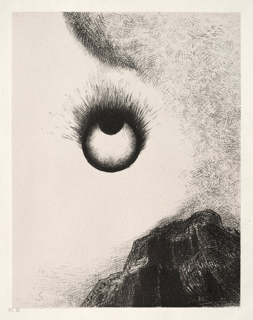 Saint Anthonyn kiusaus Ensimmäinen sarja: Kaikkialla silmämunat palavat, 1888. tekijältä Odilon Redon