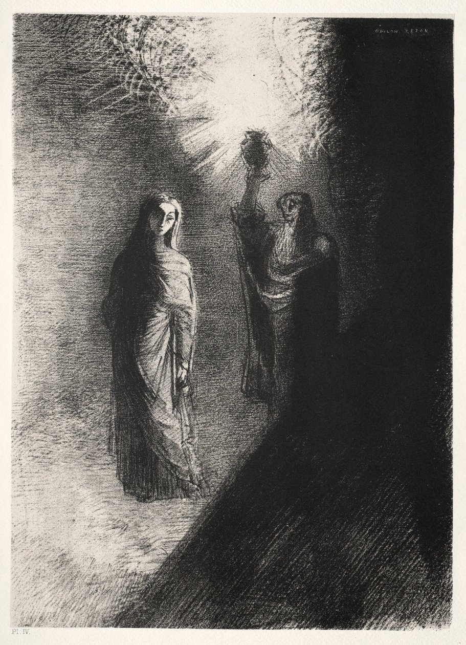 Pyhän Antoniuksen kiusaus Ensimmäinen sarja: Hän nostaa pronssiurnin, 1888. tekijältä Odilon Redon