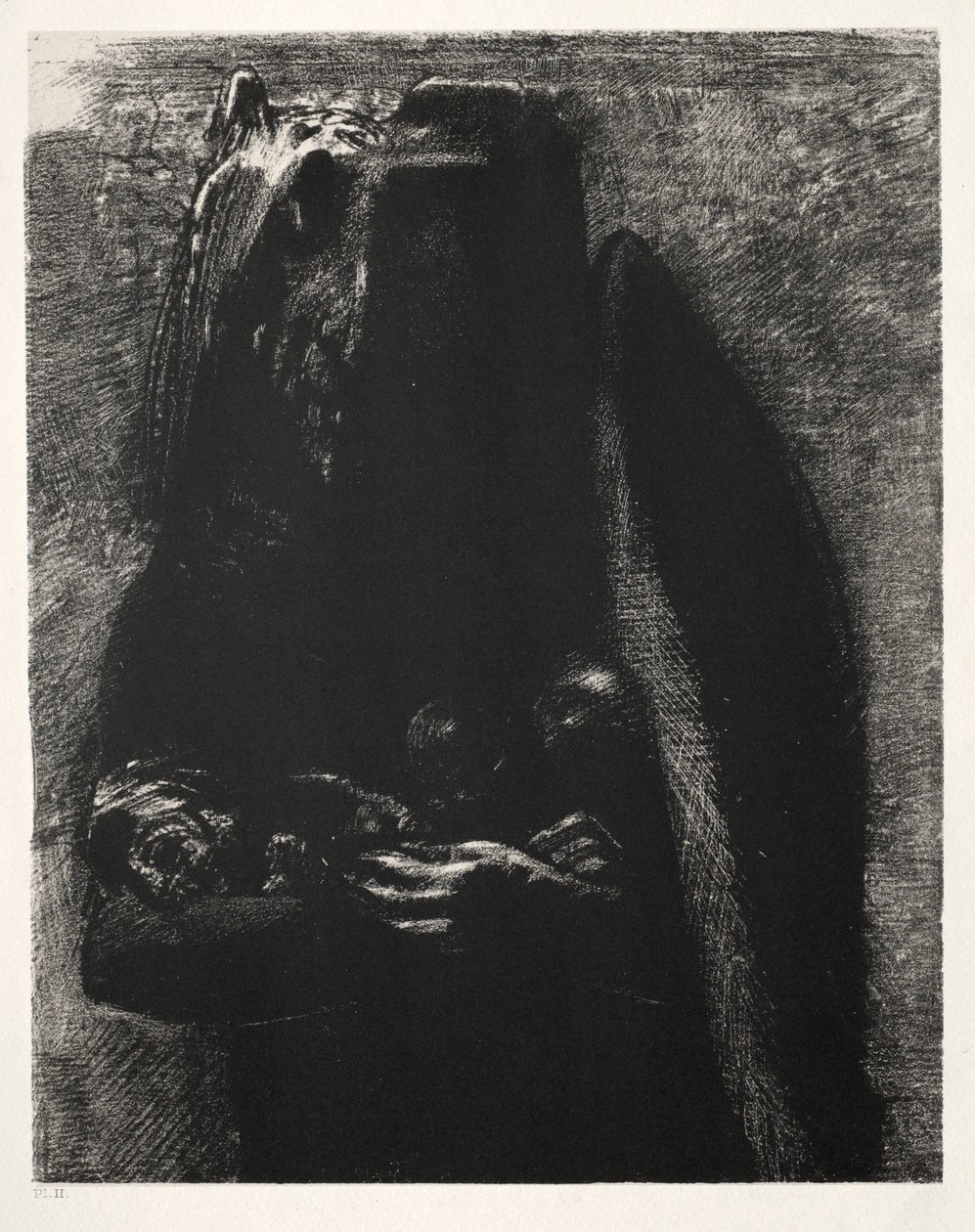 Pyhän Antoniuksen kiusaus Ensimmäinen sarja: Se on paholainen, joka kantaa kahden siipensä alla, 1888. tekijältä Odilon Redon