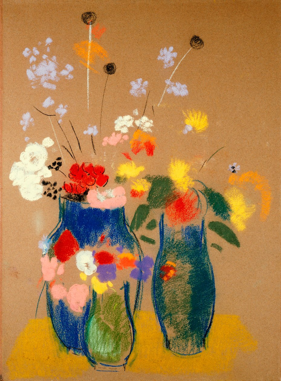 Kolme kukkamaljakkoa, n. 1908-1910 (pastelli paperille) tekijältä Odilon Redon