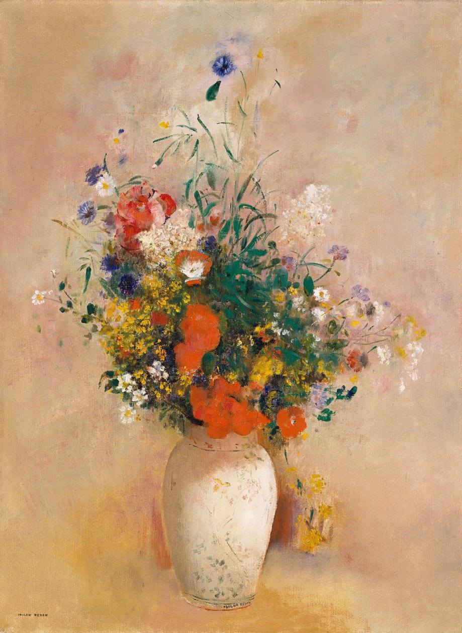 Kukkimaljakko (vaaleanpunainen tausta), n. 1906 (öljy kankaalle) tekijältä Odilon Redon