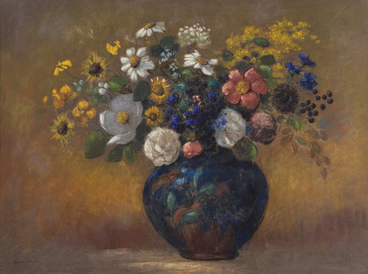 Wild Flowers in a Vase, n. 1910 (pastelli laivalla) tekijältä Odilon Redon