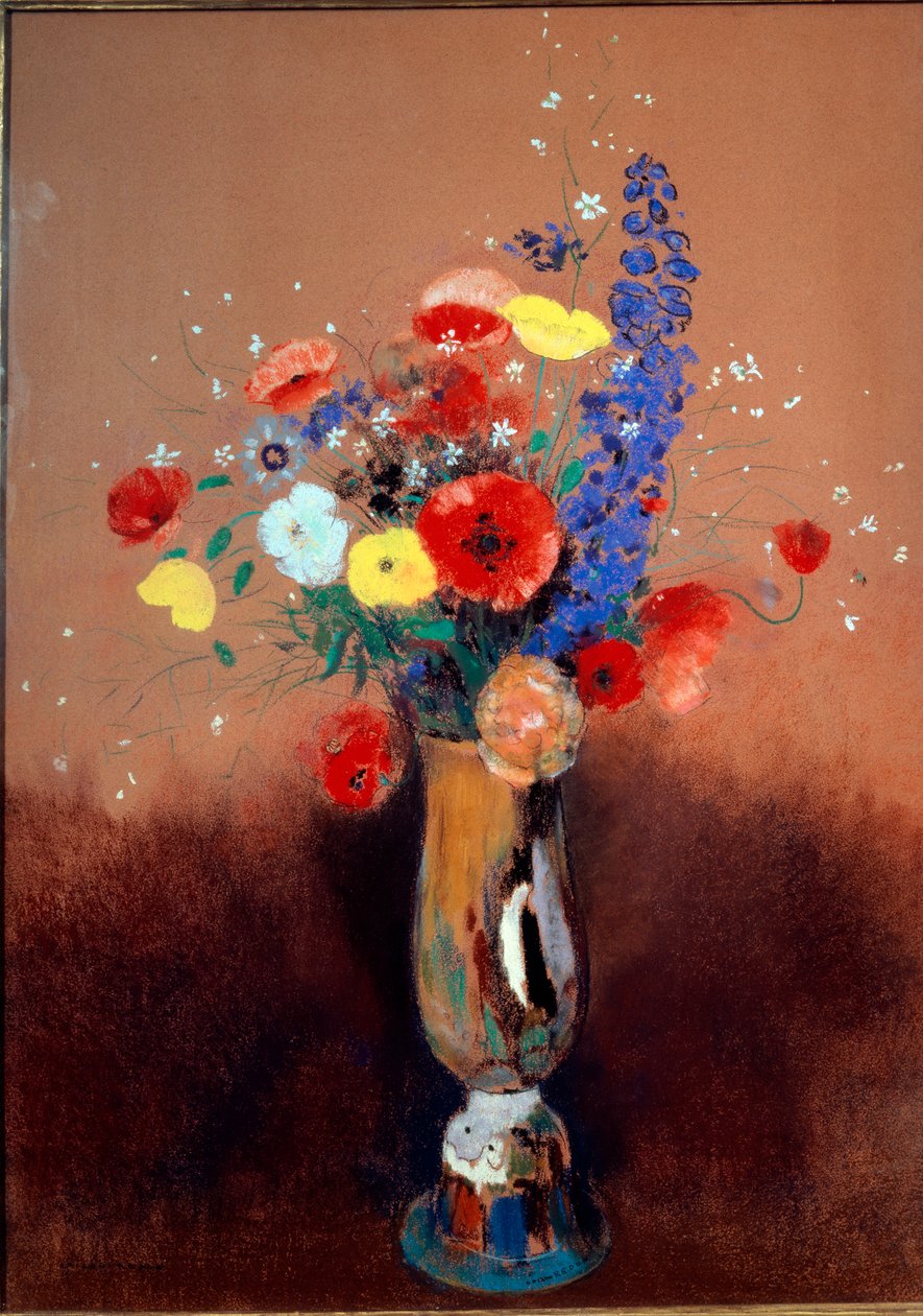 Villikukat pitkäkaulaisessa maljakossa, n. 1912 (pastelli paperille) tekijältä Odilon Redon