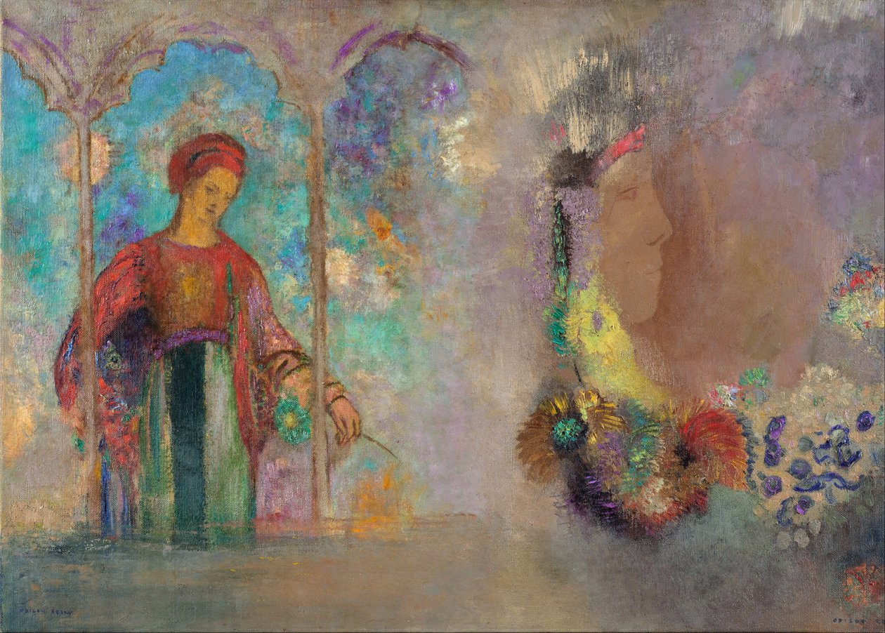 Nainen goottilaisessa pelihallissa - Nainen kukkien kanssa - Peinture de Odilon Redon (1840-1916) tekijältä Odilon Redon