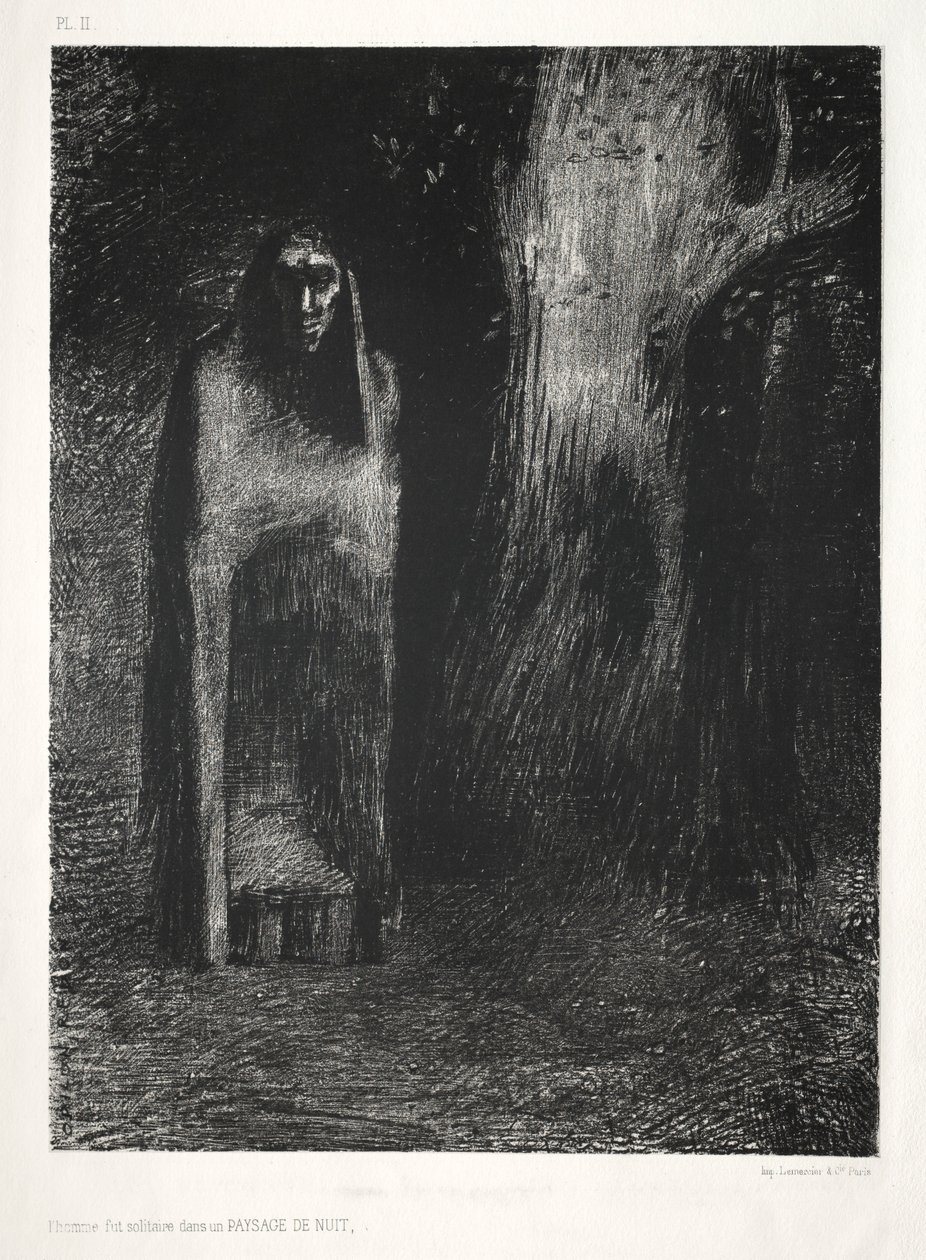 Yö: Mies oli yksin yömaisemassa, 1886. tekijältä Odilon Redon Lemercier and Cie.
