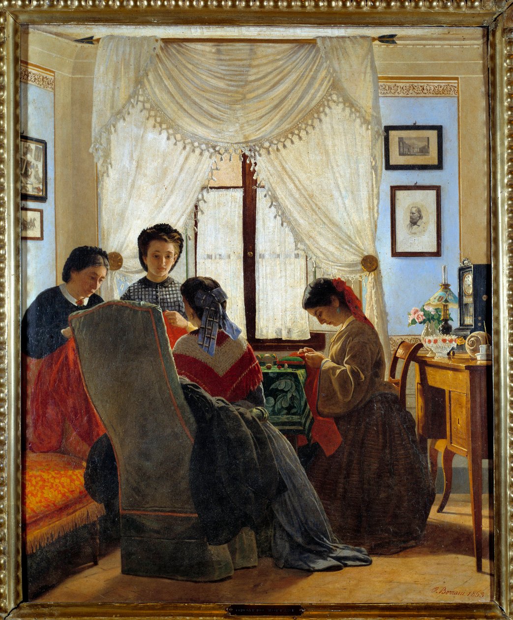 Risorgimento: “Naiset ompelemassa punaisia paitoja”” Odoardo Borranin (1834-1905) maalaus 1863 Yksityinen kokoelma tekijältä Odoardo Borrani