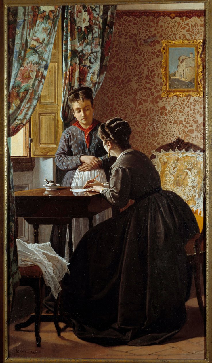 Lukutaidoton tai nainen kirjoittaa kirjettä piikalleen Odoardo Borranin (1834-1905) maalaus 1869 Yksityinen kokoelma tekijältä Odoardo Borrani