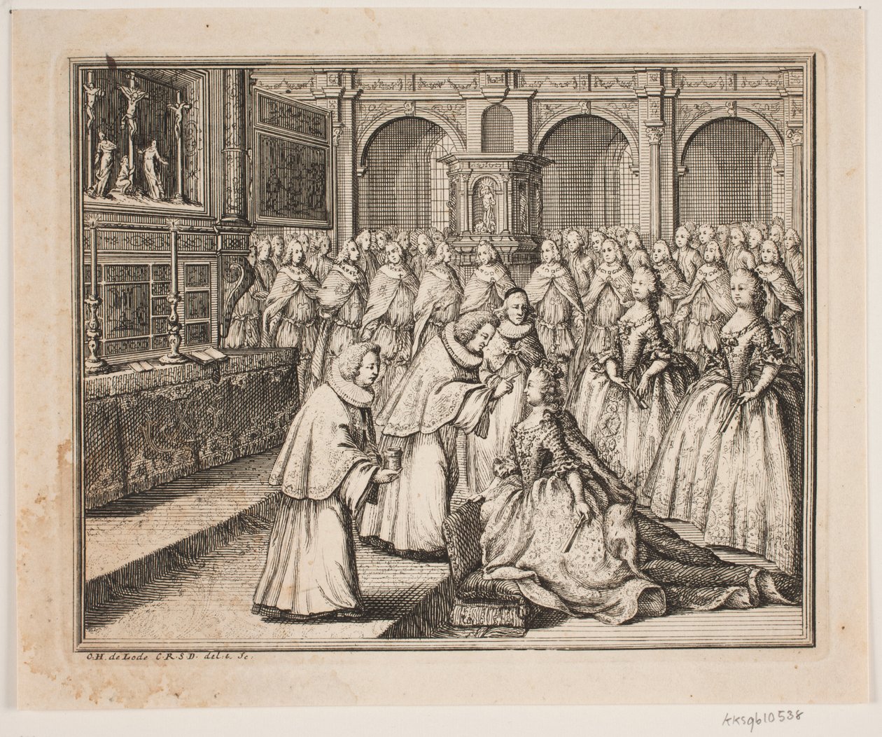 Piispa Hersleb voitelee kuningatar Louisen Frederiksborgin palatsikirkossa. Kuvitus Frederik d. IV:n voiteluteosta tekijältä Odvardt Helmoldt de Lode